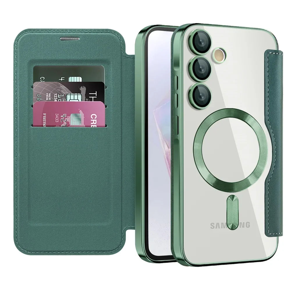 Clear Folio Card Holder Phone Case for Samsung Galaxy S22 S23 S24 S25 S26 with MagSafe Ring & Full-Screen Cover