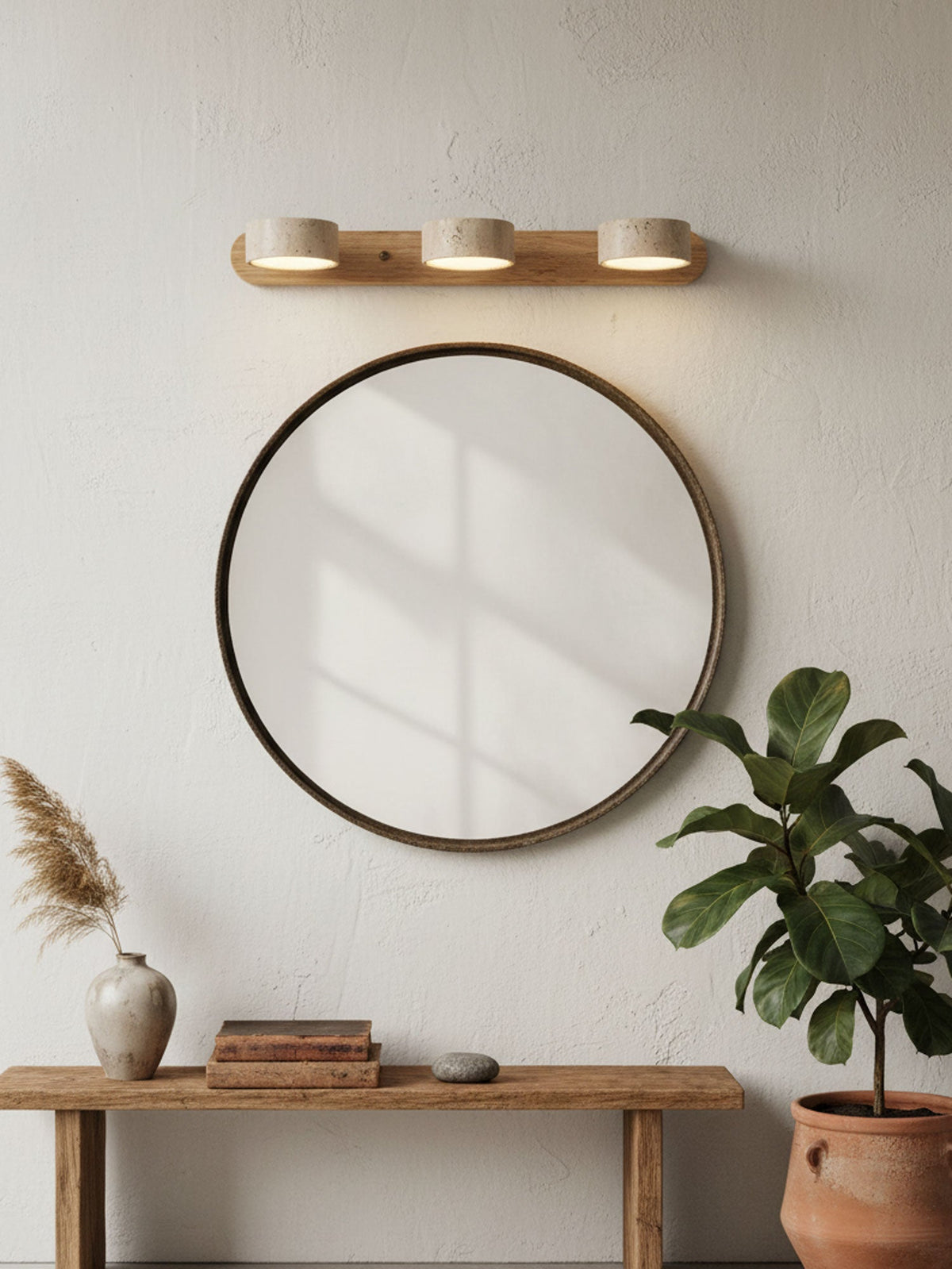 Natural Stone Wall Sconce with Integrated LED 2-Light Hardwired Fixture Wood Accent Lighting for Bedroom Hallway Living Room Indoor Ambient