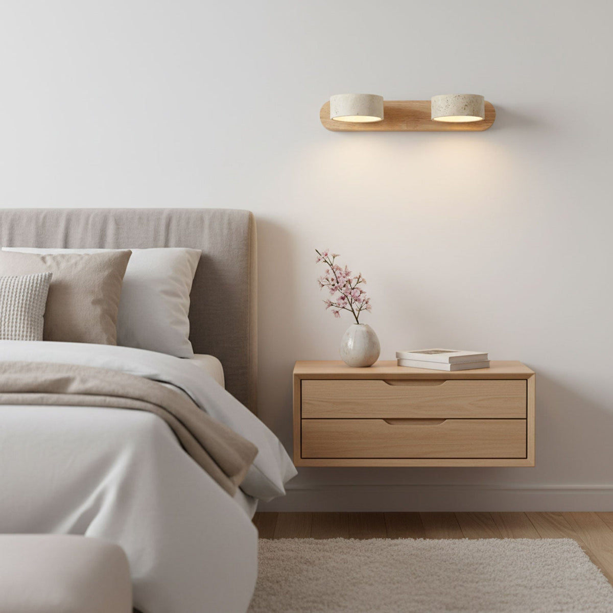 Natural Stone Wall Sconce with Integrated LED 2-Light Hardwired Fixture Wood Accent Lighting for Bedroom Hallway Living Room Indoor Ambient