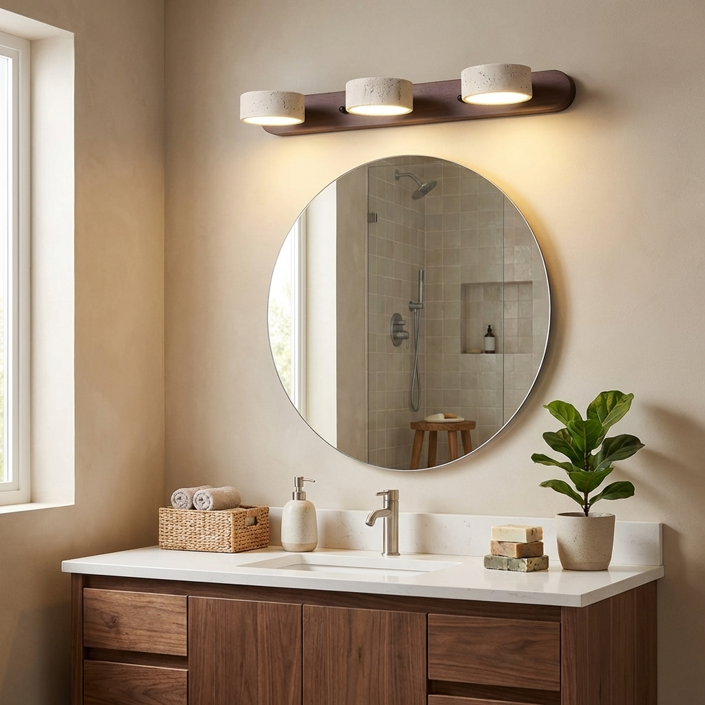 Natural Stone Wall Sconce with Integrated LED 2-Light Hardwired Fixture Wood Accent Lighting for Bedroom Hallway Living Room Indoor Ambient