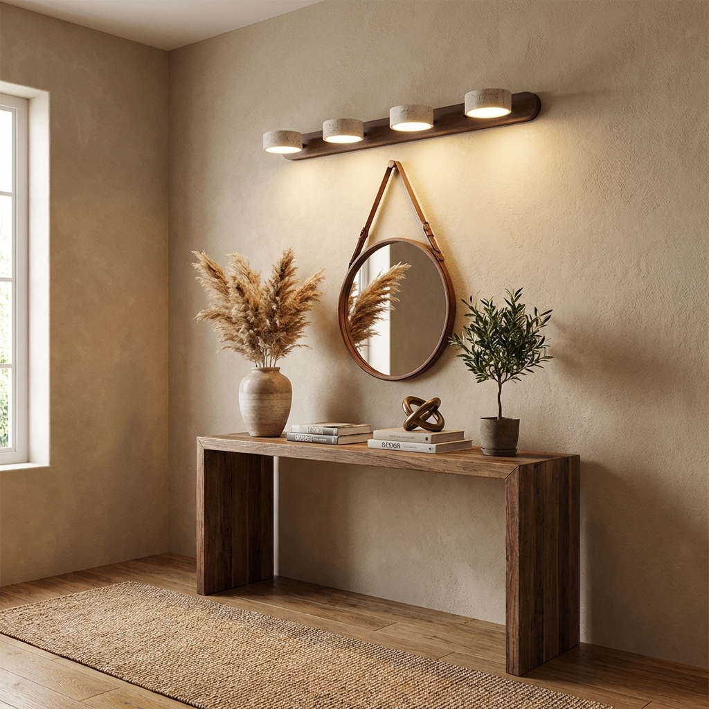Natural Stone Wall Sconce with Integrated LED 2-Light Hardwired Fixture Wood Accent Lighting for Bedroom Hallway Living Room Indoor Ambient