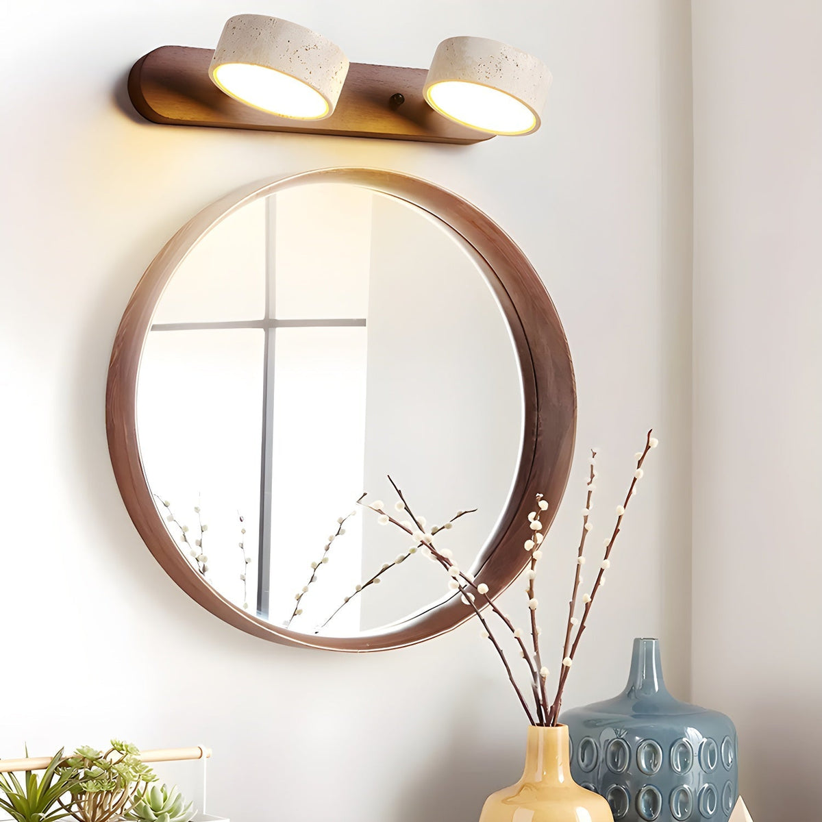 Natural Stone Wall Sconce with Integrated LED 2-Light Hardwired Fixture Wood Accent Lighting for Bedroom Hallway Living Room Indoor Ambient