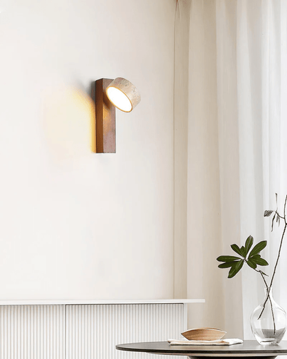 Adjustable Walnut & Stone Sconce with Focused Downlight for Bedside Reading and Hallways 9.3 in Tall Japandi Natural Material Fixture