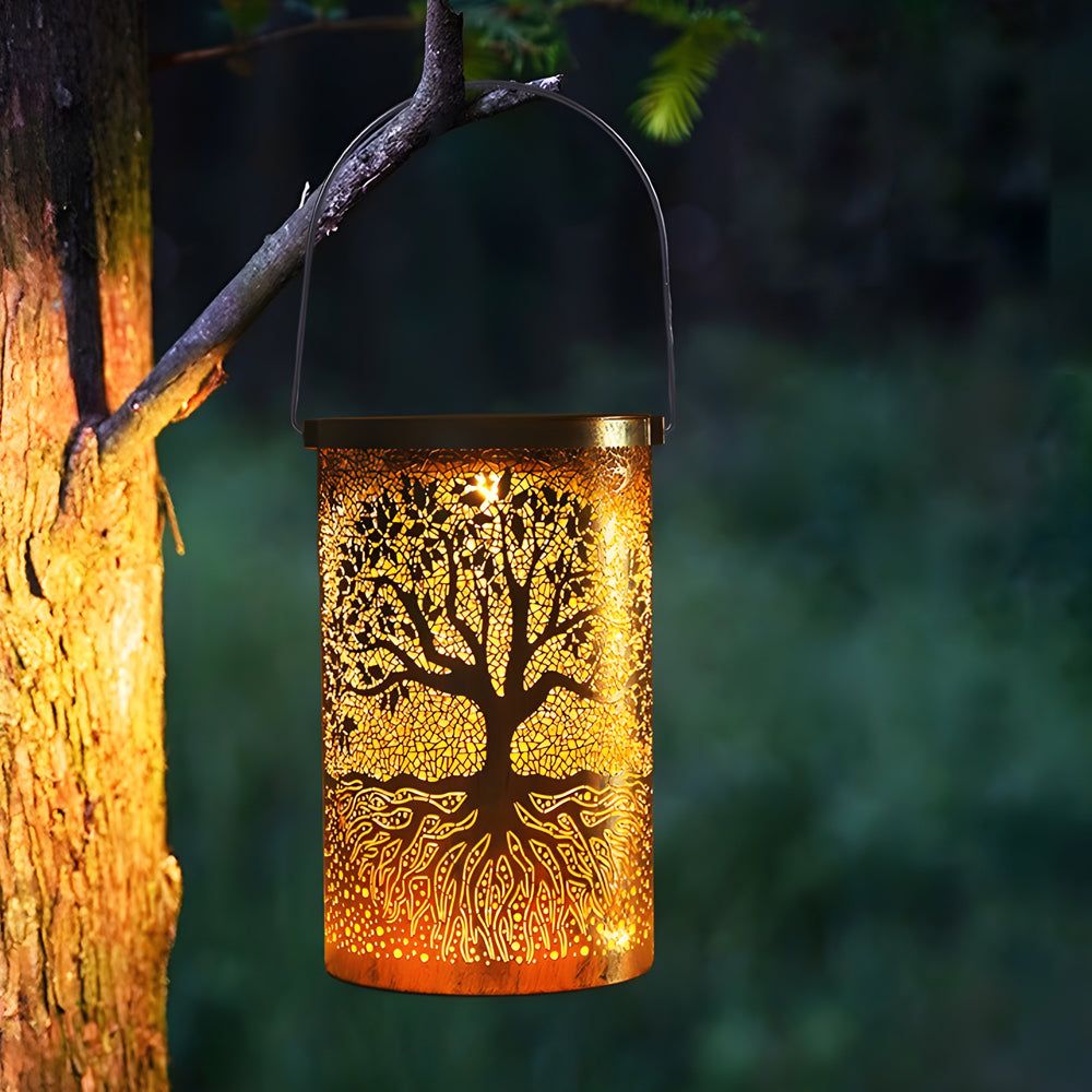 Lanterne solaire « Arbre de vie » – Lanterne solaire d'extérieur étanche à suspendre avec LED blanc chaud pour la décoration de jardin et de terrasse