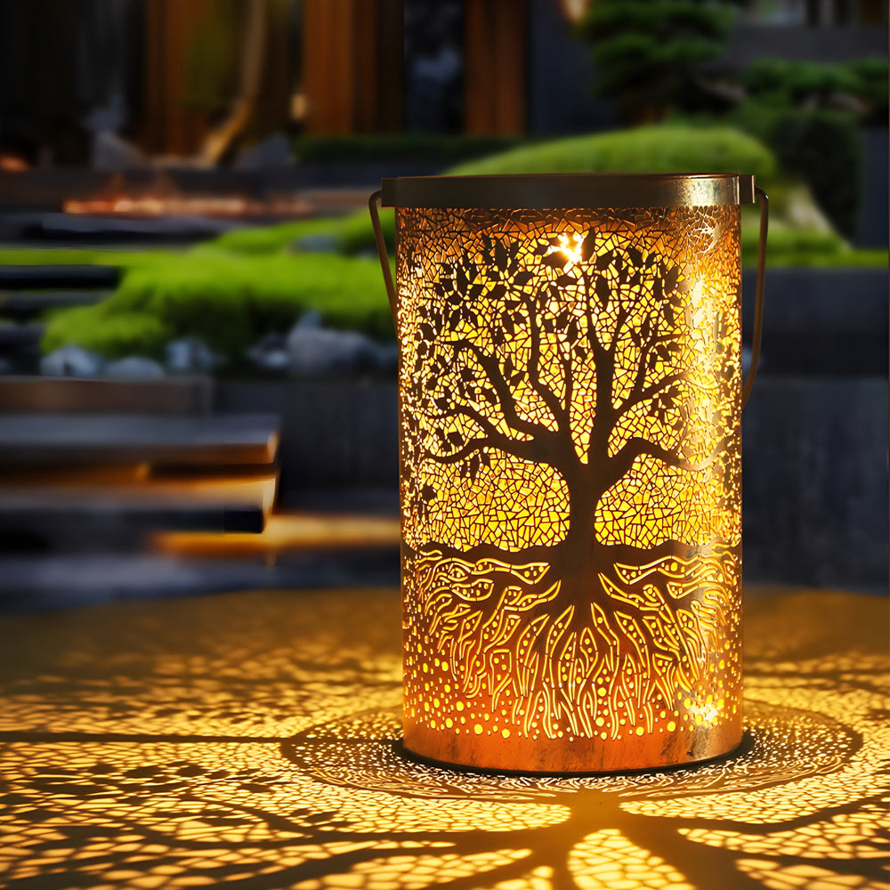 Lanterne solaire « Arbre de vie » – Lanterne solaire d'extérieur étanche à suspendre avec LED blanc chaud pour la décoration de jardin et de terrasse