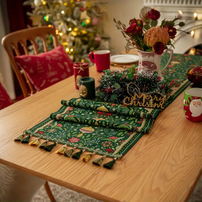 Tropical Botanical Table Runner - Festive Polyester with Tassels