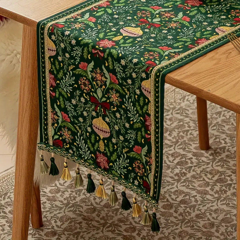 Tropical Botanical Table Runner - Festive Polyester with Tassels