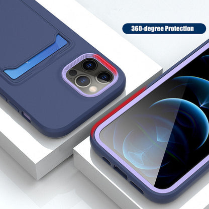 Silicone iPhone Case with Built-In Card Holder Wallet Slot Dual Color Shockproof Protective Cover Anti-Fingerprint Finish Raised Edges