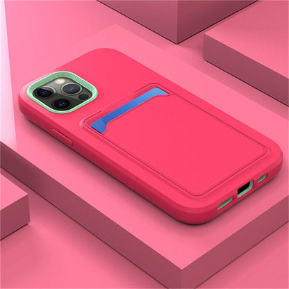 Silicone iPhone Case with Built-In Card Holder Wallet Slot Dual Color Shockproof Protective Cover Anti-Fingerprint Finish Raised Edges