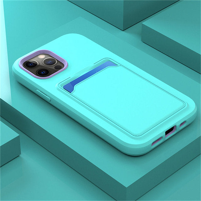 Silicone iPhone Case with Built-In Card Holder Wallet Slot Dual Color Shockproof Protective Cover Anti-Fingerprint Finish Raised Edges
