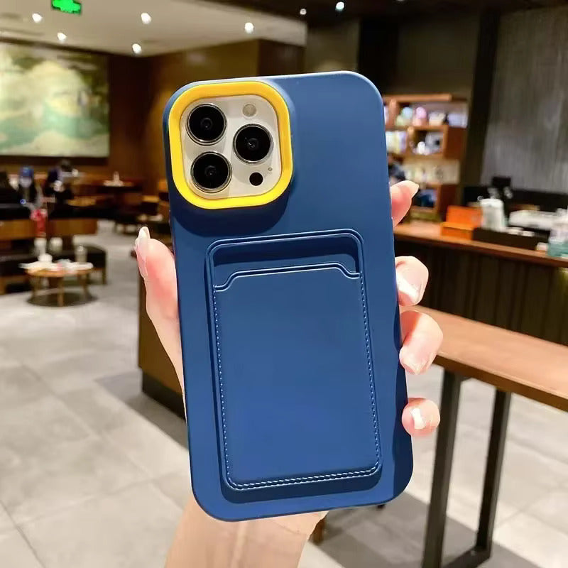 Silicone iPhone Case with Built-In Card Holder Wallet Slot Dual Color Shockproof Protective Cover Anti-Fingerprint Finish Raised Edges