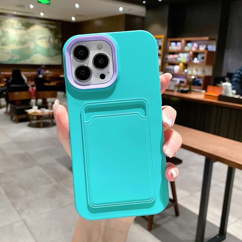 Silicone iPhone Case with Built-In Card Holder Wallet Slot Dual Color Shockproof Protective Cover Anti-Fingerprint Finish Raised Edges