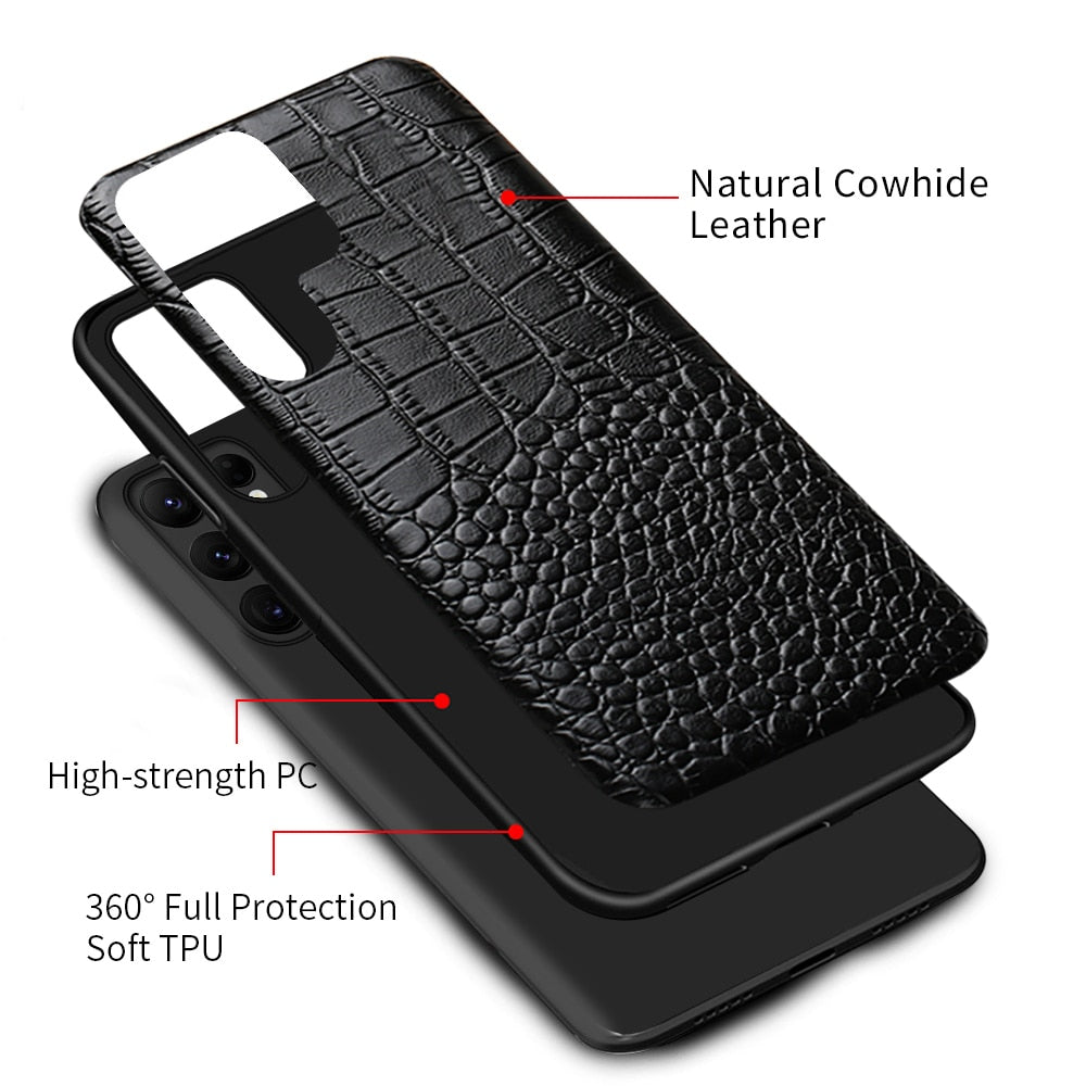 Premium Cowhide Leather Phone Case for Samsung Galaxy – Dual-Tone Design with Raised Edges & Camera Protection