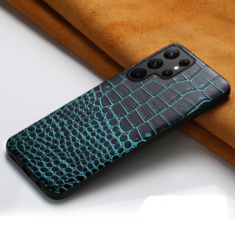 Premium Cowhide Leather Phone Case for Samsung Galaxy – Dual-Tone Design with Raised Edges & Camera Protection