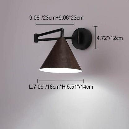 Swing Arm Wall Sconce with Conical Shade for Bedside Reading, Adjustable Iron Fixture in Walnut Finish, E26 Base, Bedroom Task Light