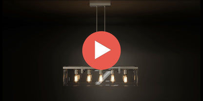 Linear Overhead Island Fixture Steel Frame Beveled Glass 37-Inch 5-Light Adjustable Chain Brushed Nickel for Kitchen & Dining