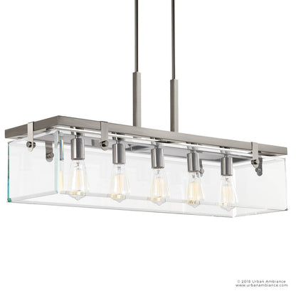 Linear Overhead Island Fixture Steel Frame Beveled Glass 37-Inch 5-Light Adjustable Chain Brushed Nickel for Kitchen & Dining