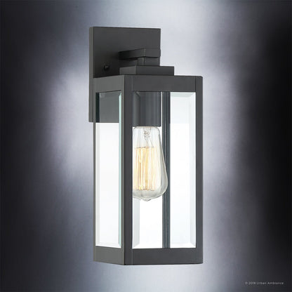 Steel Lantern Sconce Black 14-Inch Weatherproof Porch Light E26 Socket Beveled Glass Outdoor Fixture Entryway Illumination Modern Farmhouse