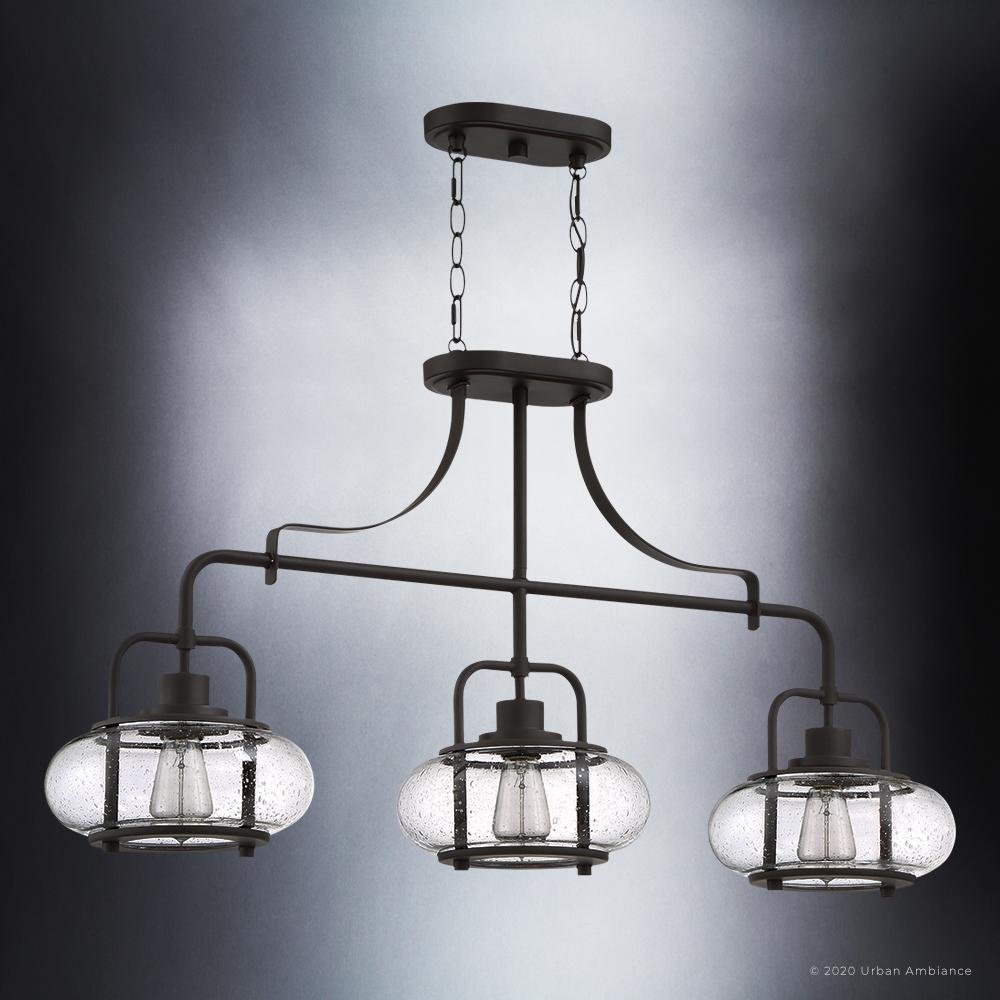 Three-Light Ceiling Fixture Steel & Textured Glass 38 in Wide Adjustable Height Bronze Finish Dining Room Hanging Light for Kitchen Island L