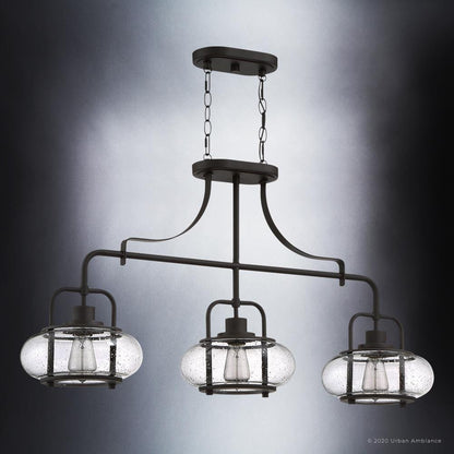 Three-Light Ceiling Fixture Steel & Textured Glass 38 in Wide Adjustable Height Bronze Finish Dining Room Hanging Light for Kitchen Island L