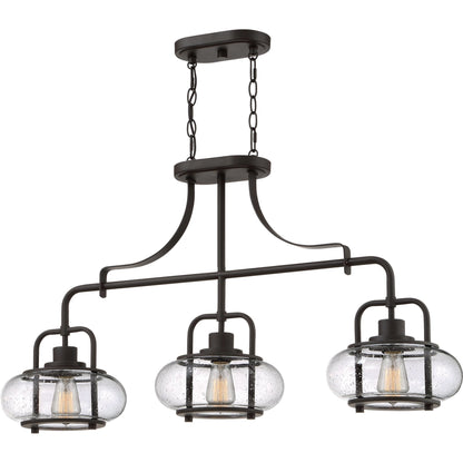 Three-Light Ceiling Fixture Steel & Textured Glass 38 in Wide Adjustable Height Bronze Finish Dining Room Hanging Light for Kitchen Island L