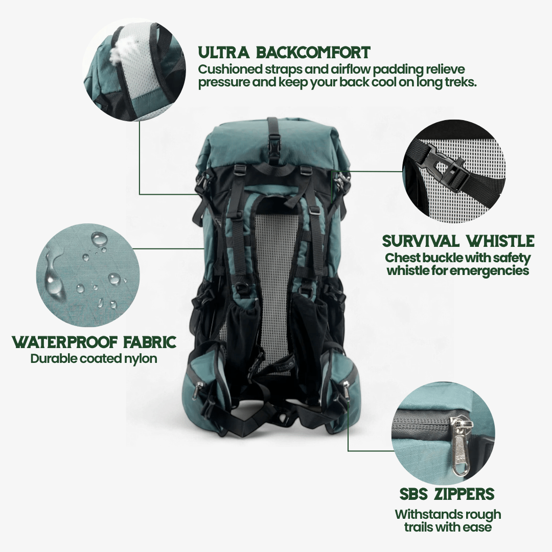 Sac à dos de voyage ultraléger de 50 L avec fermeture par enroulement | Résistant à l'eau et durable pour les aventures en randonnée