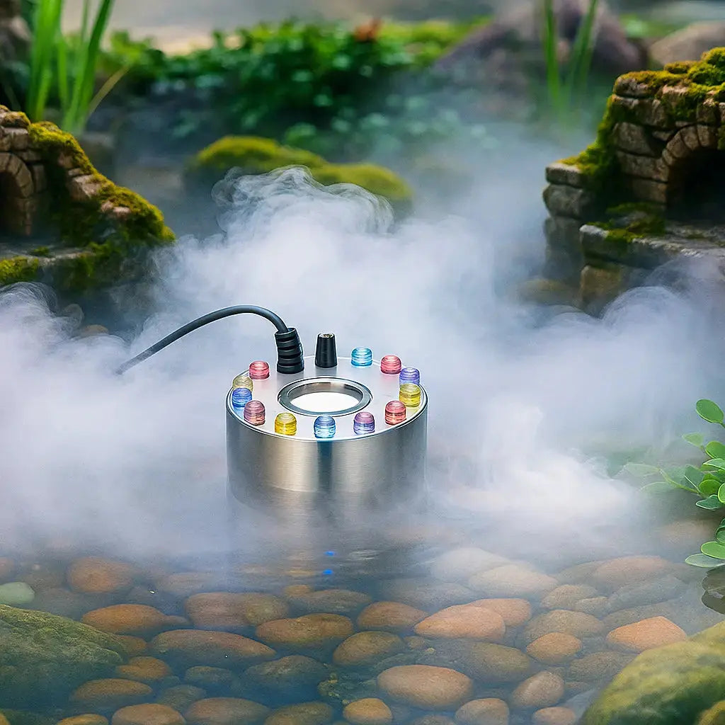 Ultrasonic Water Mist Maker with Auto Shut-Off Sensor for Fountains Ponds Aquariums Indoor Outdoor Humidifier LED Color Changing Lights Stai