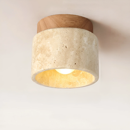 Flush Mount Ceiling Light with Natural Stone & Wood Finish – Japanese Minimalist Design for Bedroom Living Room Entryway