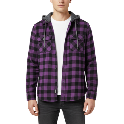 Hooded Plaid Flannel Button-Down Shirt for Men – Long Sleeve Cotton Blend with Double Pockets for Spring Fall Casual Wear