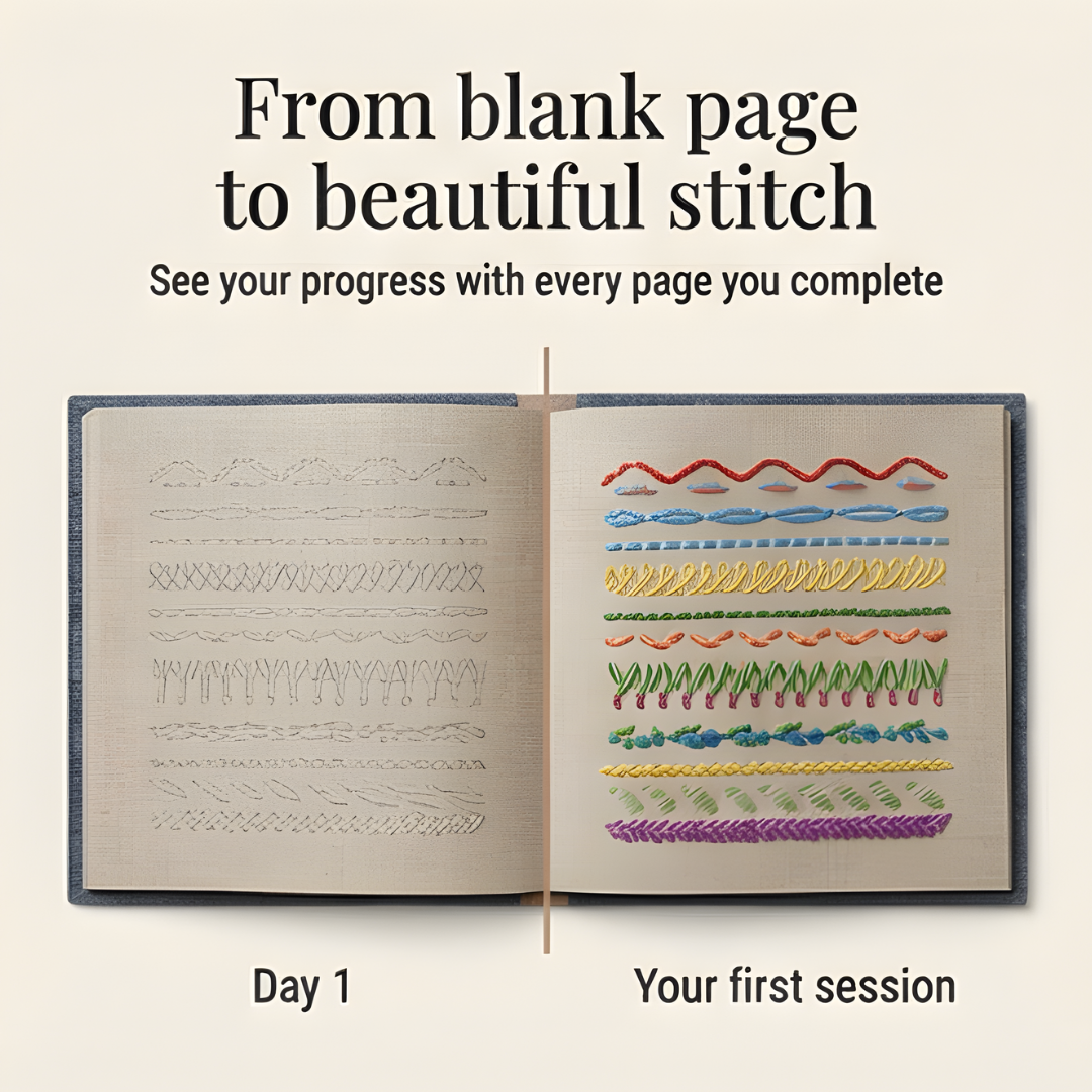Removable-Page Needlework Learning Kit with 106 Techniques on Linen Sheets & 86-Piece Tool Set for Beginners