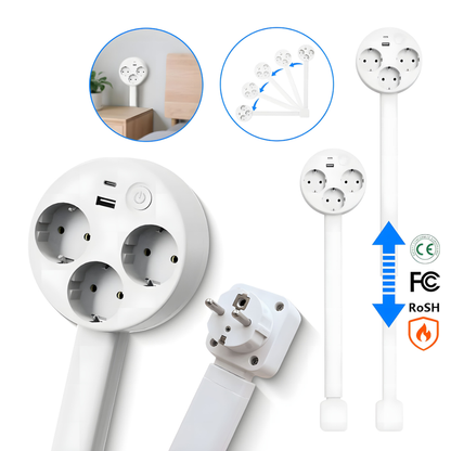 Extendable Wall Outlet with USB-C & USB-A Ports – 180° Swivel Power Strip for Behind Furniture, Desks & Nightstands