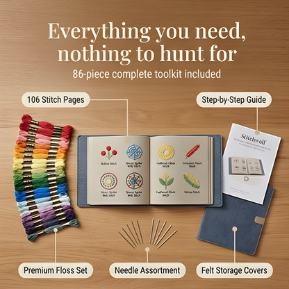 Removable-Page Needlework Learning Kit with 106 Techniques on Linen Sheets & 86-Piece Tool Set for Beginners