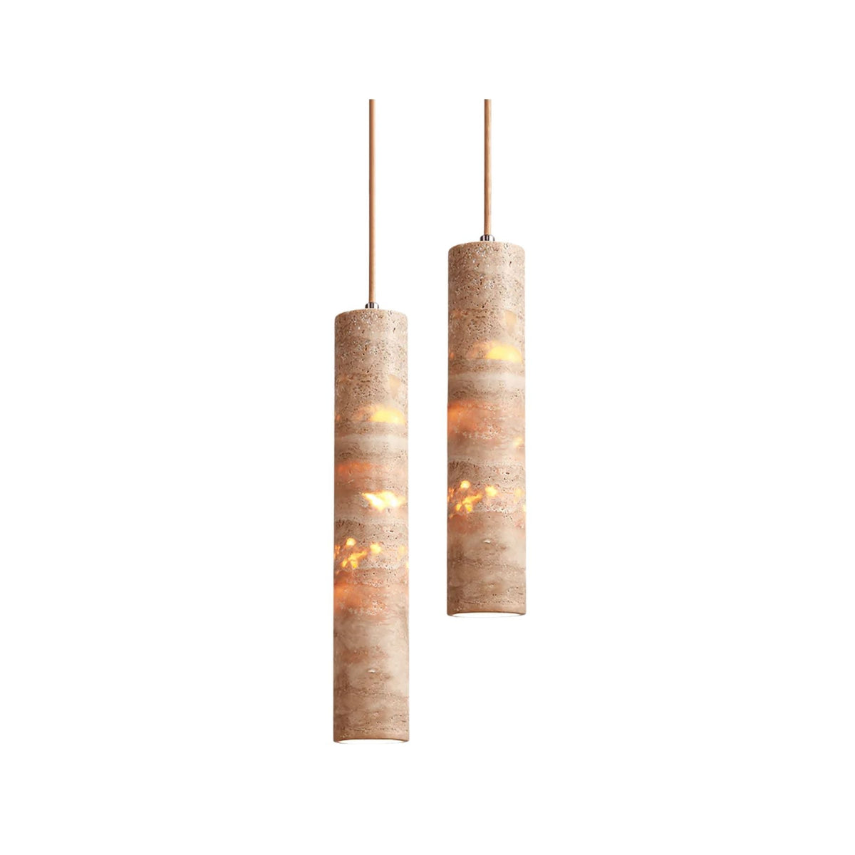 Luminaire suspendu Stone, douille E27, cordon réglable, beige, diamètre 6 cm, pour îlot de cuisine, bar, salle à manger, finition travertin, cylindre naturel 25-35 cm