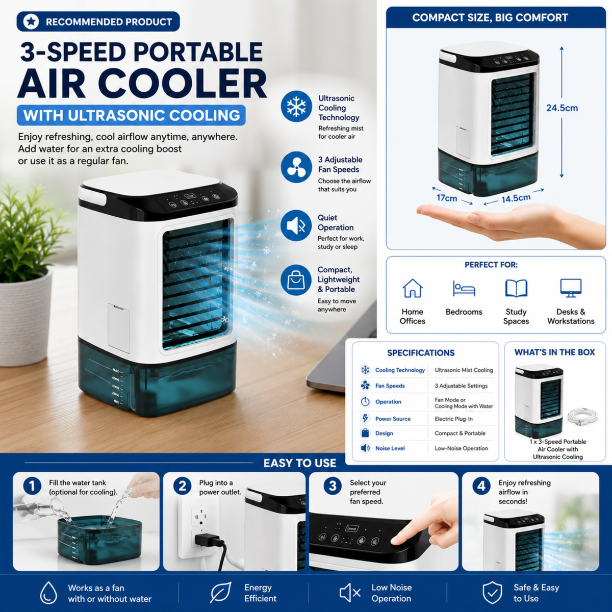 Personal Space Cooler with Variable Speed Control for Desk, Bedroom & Small Rooms up to 160 sq ft