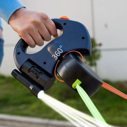 Dual Retractable Dog Leash with LED Flashlight & Waste Bag Holder for Two Dogs Up to 26 lb Each