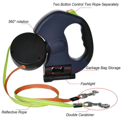 Laisse rétractable double pour deux chiens avec lampe de poche intégrée et distributeur de sacs à déjections