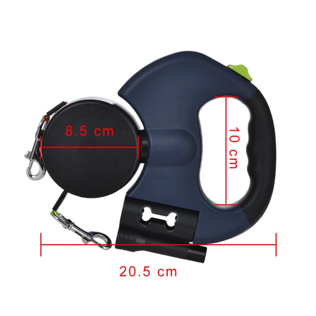 Laisse rétractable double pour deux chiens avec lampe de poche intégrée et distributeur de sacs à déjections