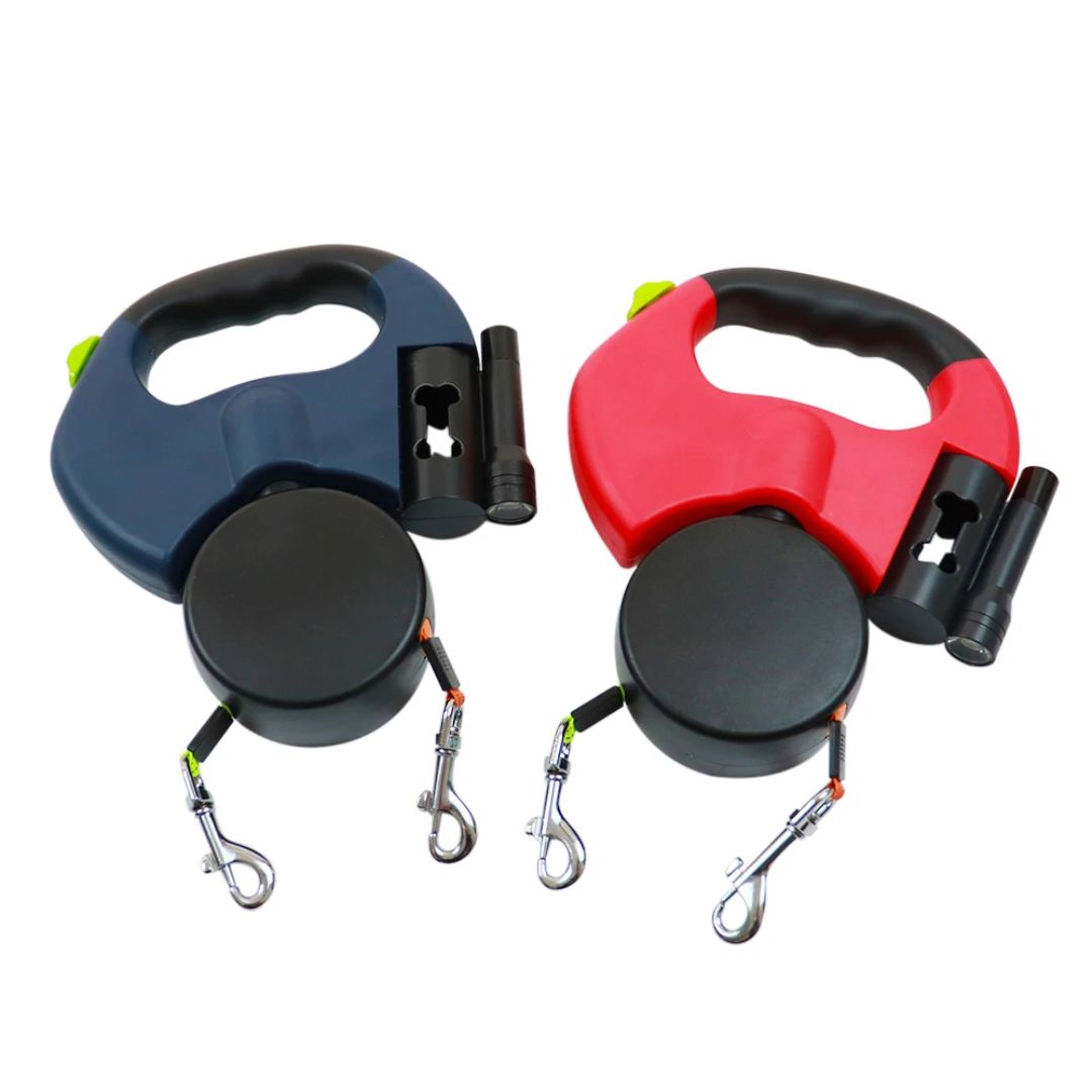 Dual Retractable Dog Leash with LED Flashlight & Waste Bag Holder for Two Dogs Up to 26 lb Each