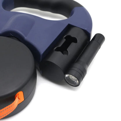 Laisse rétractable double pour deux chiens avec lampe de poche intégrée et distributeur de sacs à déjections