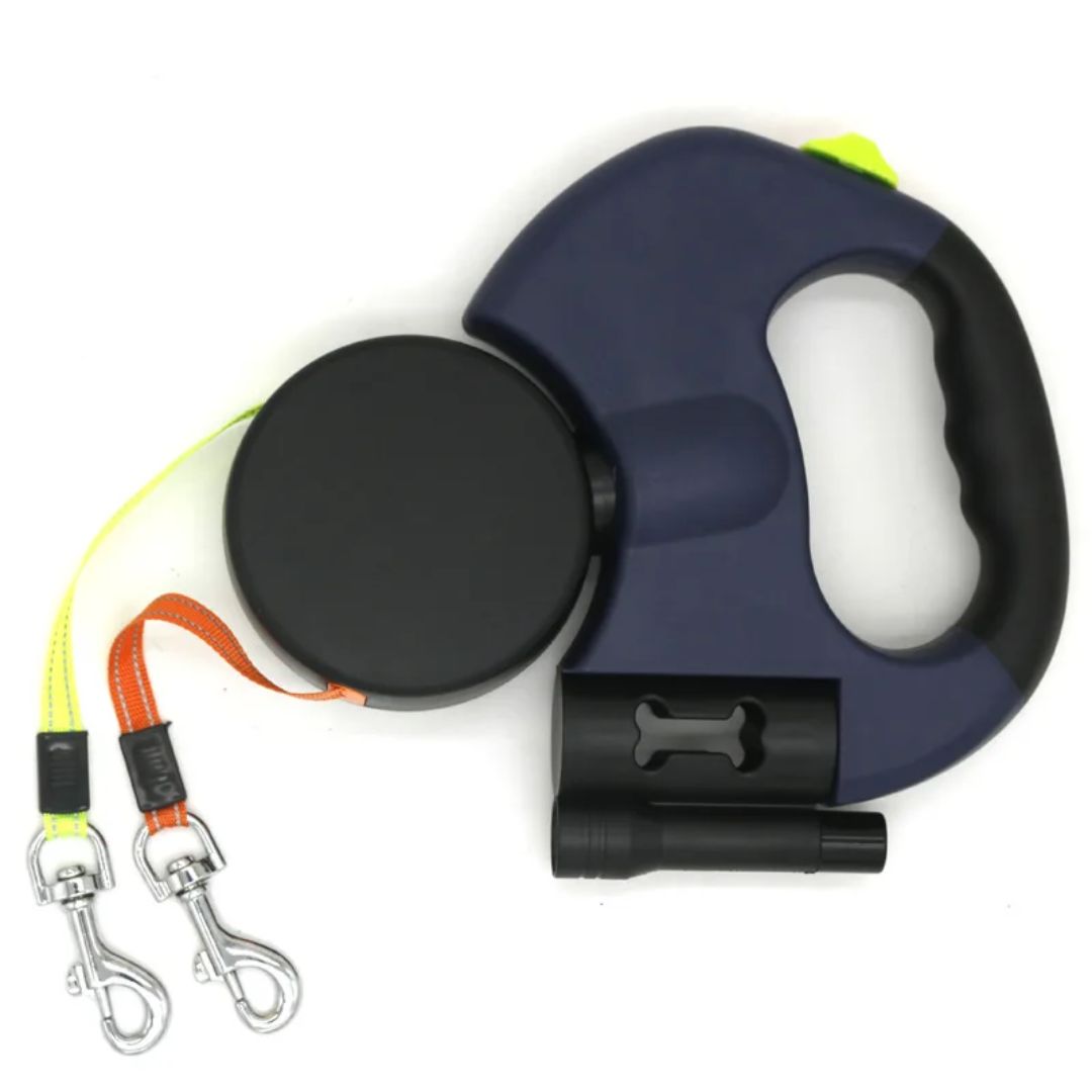 Laisse rétractable double pour deux chiens avec lampe de poche intégrée et distributeur de sacs à déjections