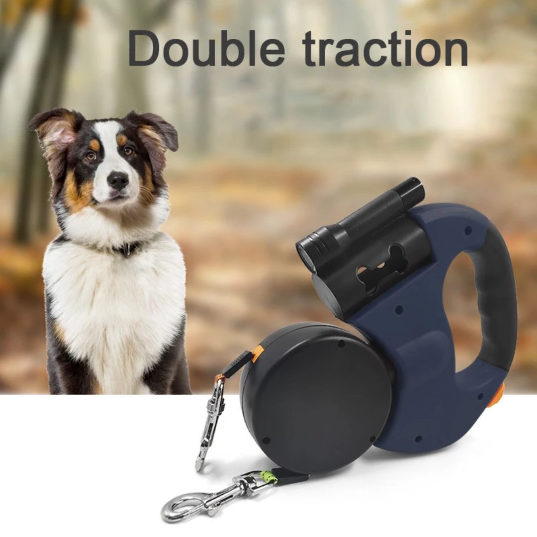 Laisse rétractable double pour deux chiens avec lampe de poche intégrée et distributeur de sacs à déjections
