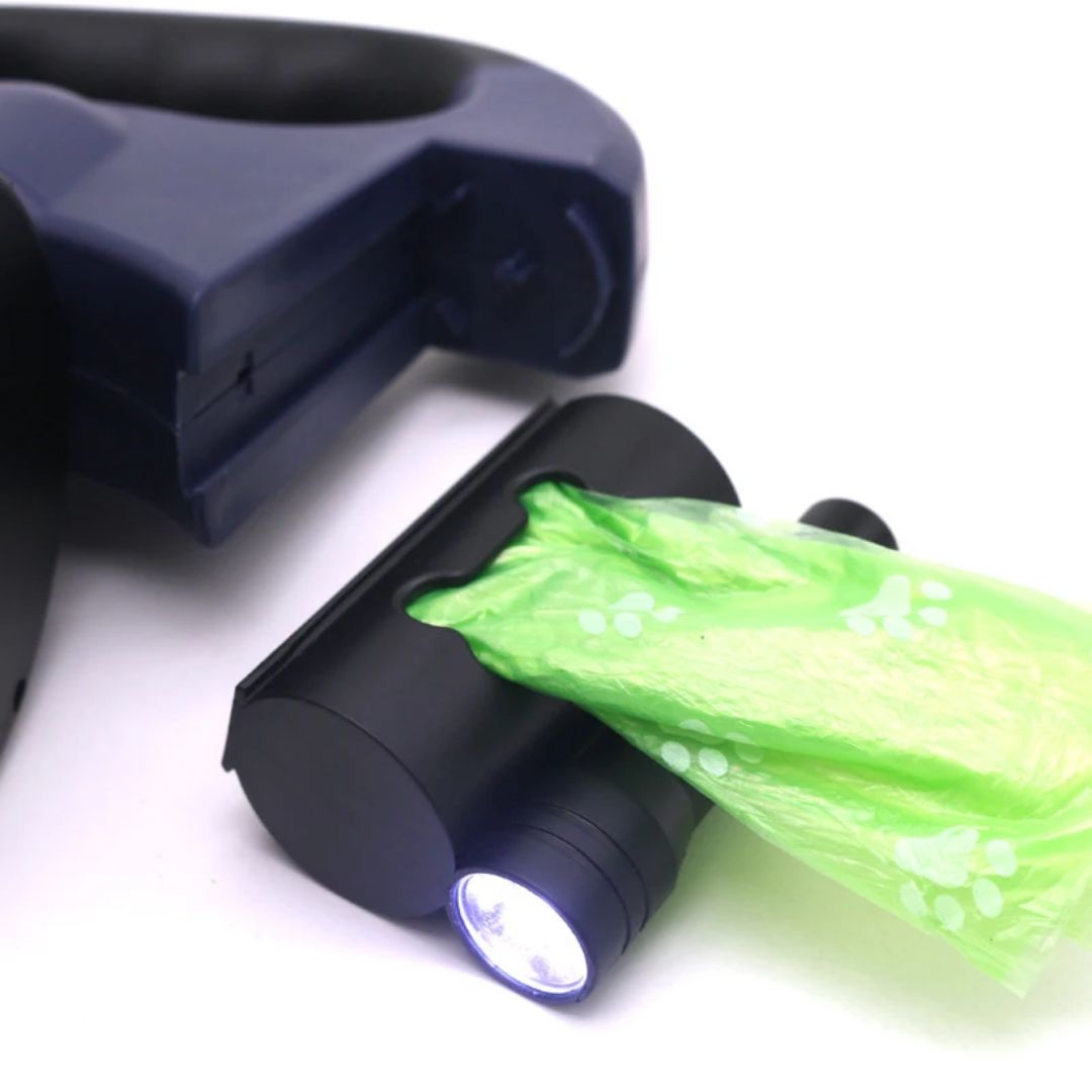 Dual Retractable Dog Leash with LED Flashlight & Waste Bag Holder for Two Dogs Up to 26 lb Each