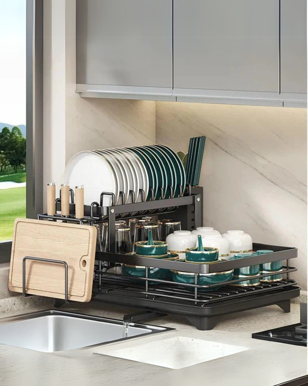 Carbon Steel Dish Drying Rack with 360° Rotating Drain Spout – Multi-Tier Kitchen Organizer for Countertop