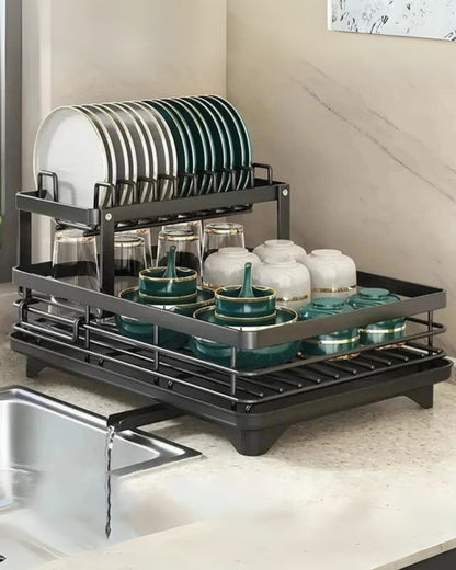 Carbon Steel Dish Drying Rack with 360° Rotating Drain Spout – Multi-Tier Kitchen Organizer for Countertop