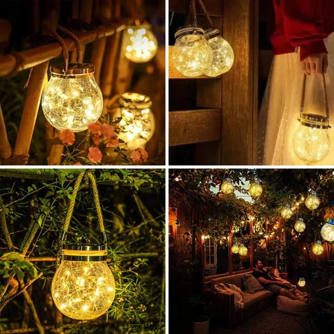 Outdoor Crackled Glass Solar Lantern with Auto Dusk Sensor & LED Light for Garden, Patio, Pathway & Porch Decor