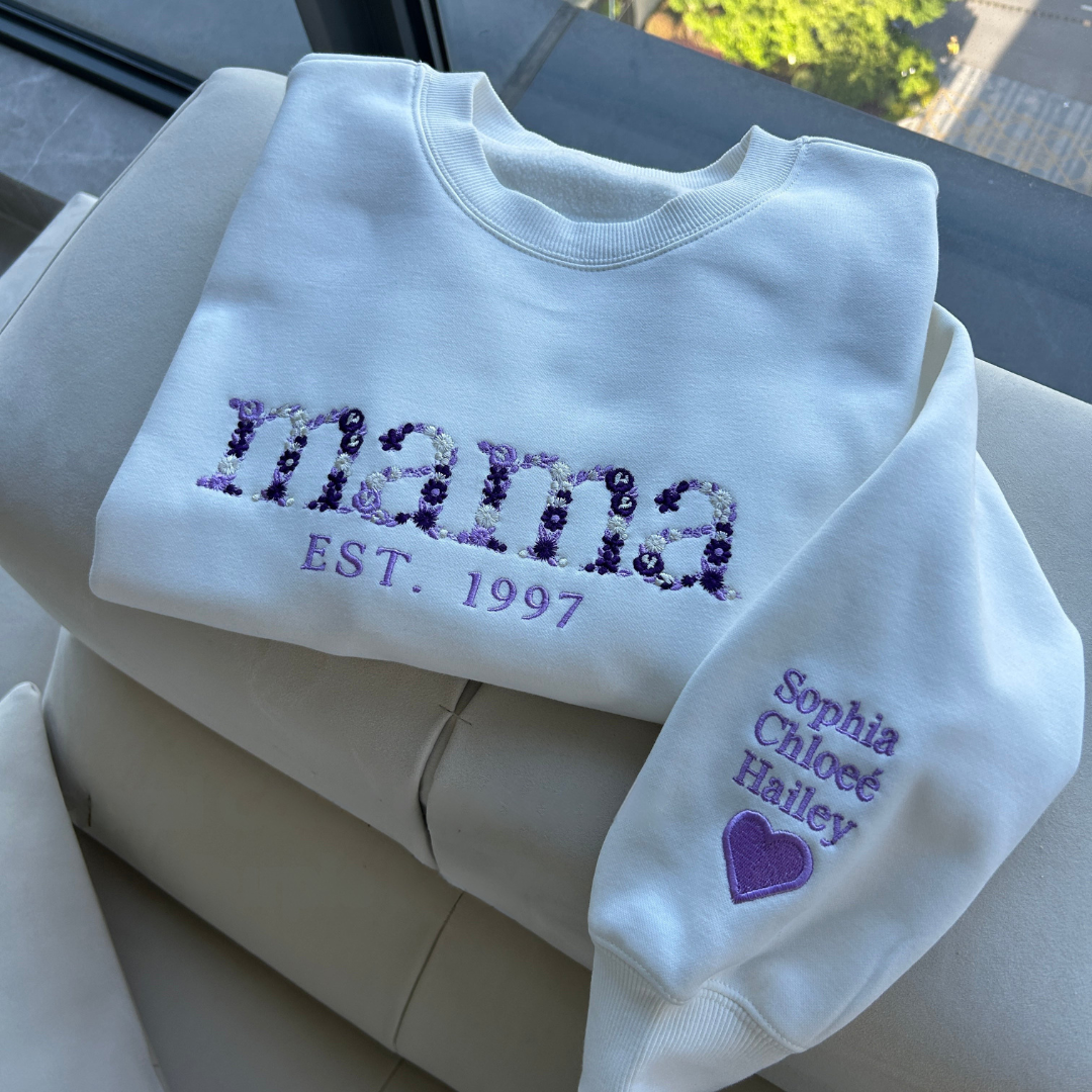 Personalized Embroidered Floral Mom Sweatshirt with Custom Name & Year - Unique Gift for Mother's Day, Birthday, Grandma, Nana - Unisex