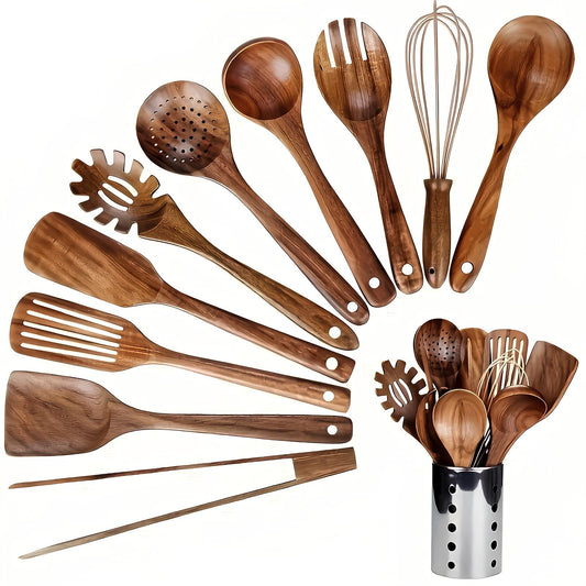 11-Piece Wooden Cooking Utensil Set with Holder Natural Teak Wood Spoons Spatulas for Nonstick Pans Kitchen Tools Organizer