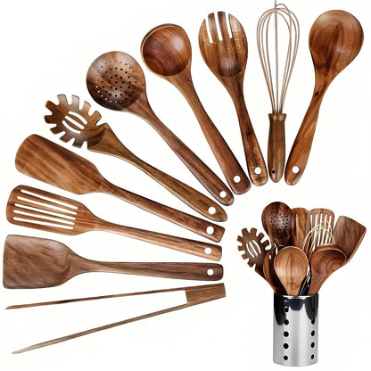 Set d'ustensiles de cuisine en bois 11 pièces avec support de rangement, spatules, cuillères et louches en teck, accessoires de cuisine pour ustensiles antiadhésifs et rangement sur comptoir