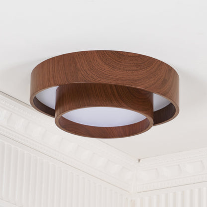 Round Flush Mount LED Ceiling Light Fixture Wood Grain Metal 16 in Diameter for Bedroom Living Room Kitchen Office Low Profile Modern Overhe