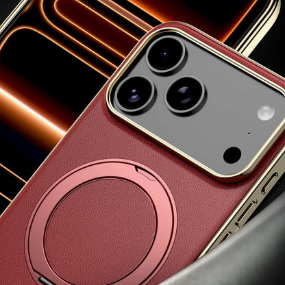 Leather MagSafe iPhone Case with 360° Rotating Ring Stand & Metallic Frame for iPhone 17, 16, 15, 14 Pro Max Plus Air